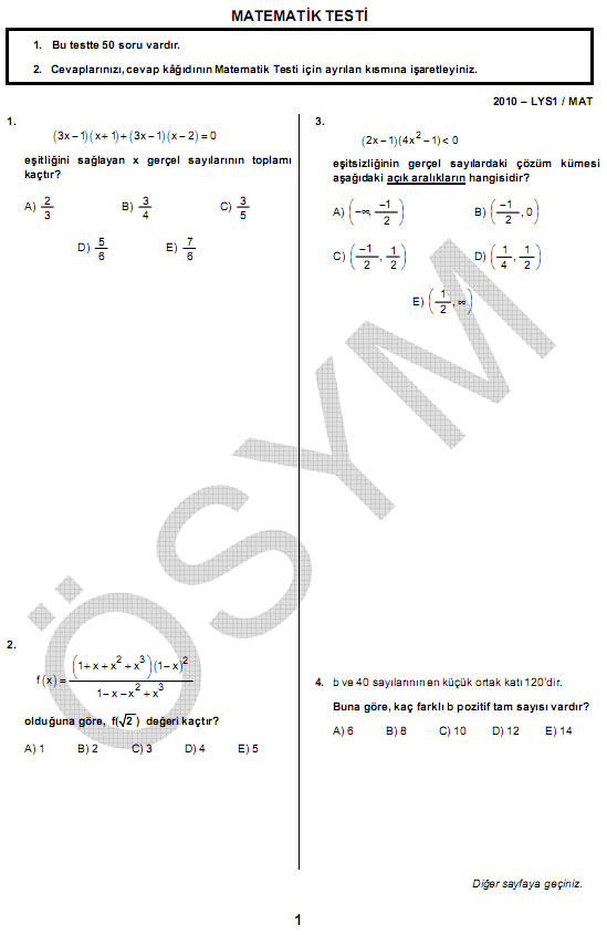 2010 LYS matematik soru ve cevapları
