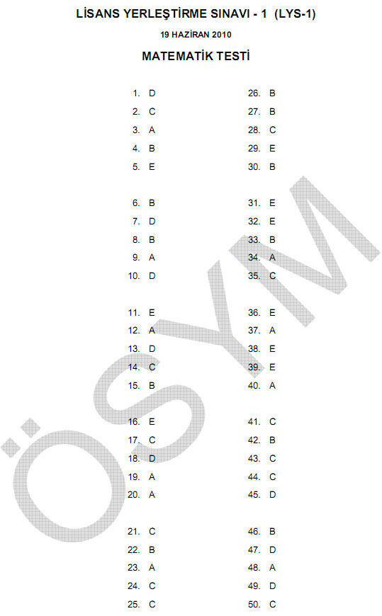 2010 LYS matematik soru ve cevapları