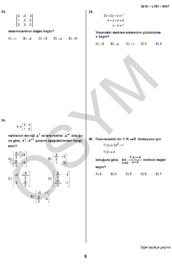 2010 LYS matematik soru ve cevapları